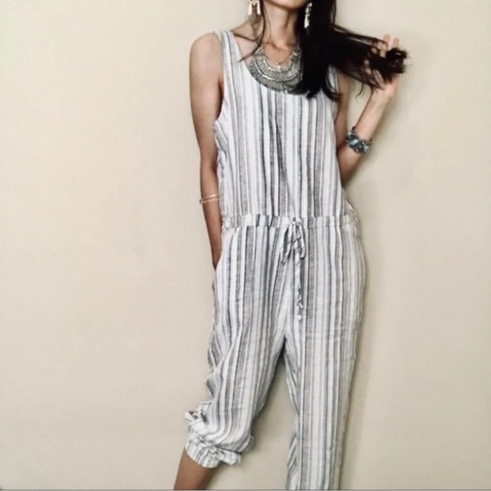 Drew Anthropologie Oatmeal Black Striped Drawstring Jumpsuit (M)
